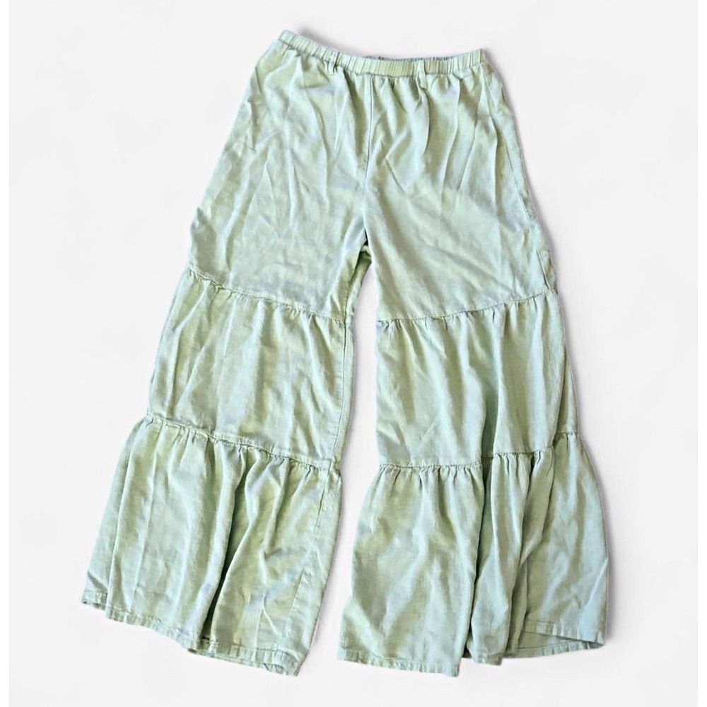 Art Class Green Solid Tiered Wide-Leg Pants Rayon Linen Elastic GIRLS XL